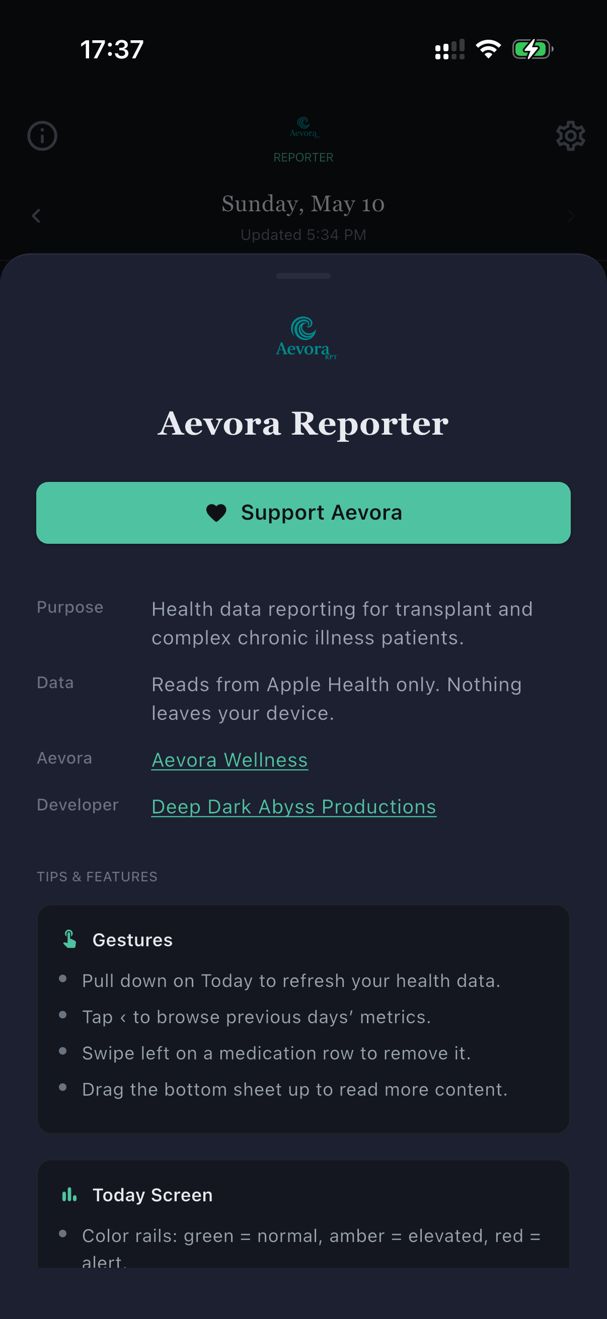 Aevora Reporter About screen