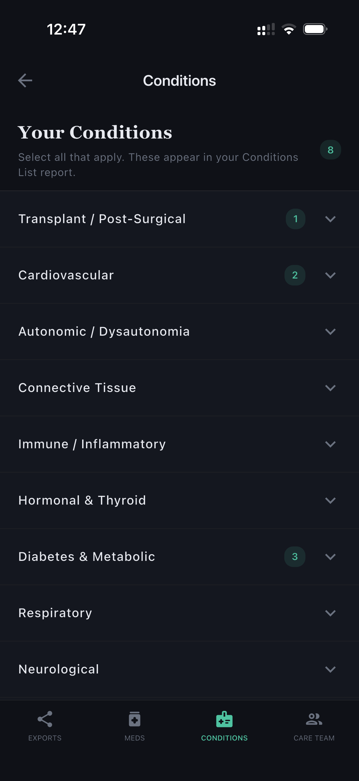 Conditions list