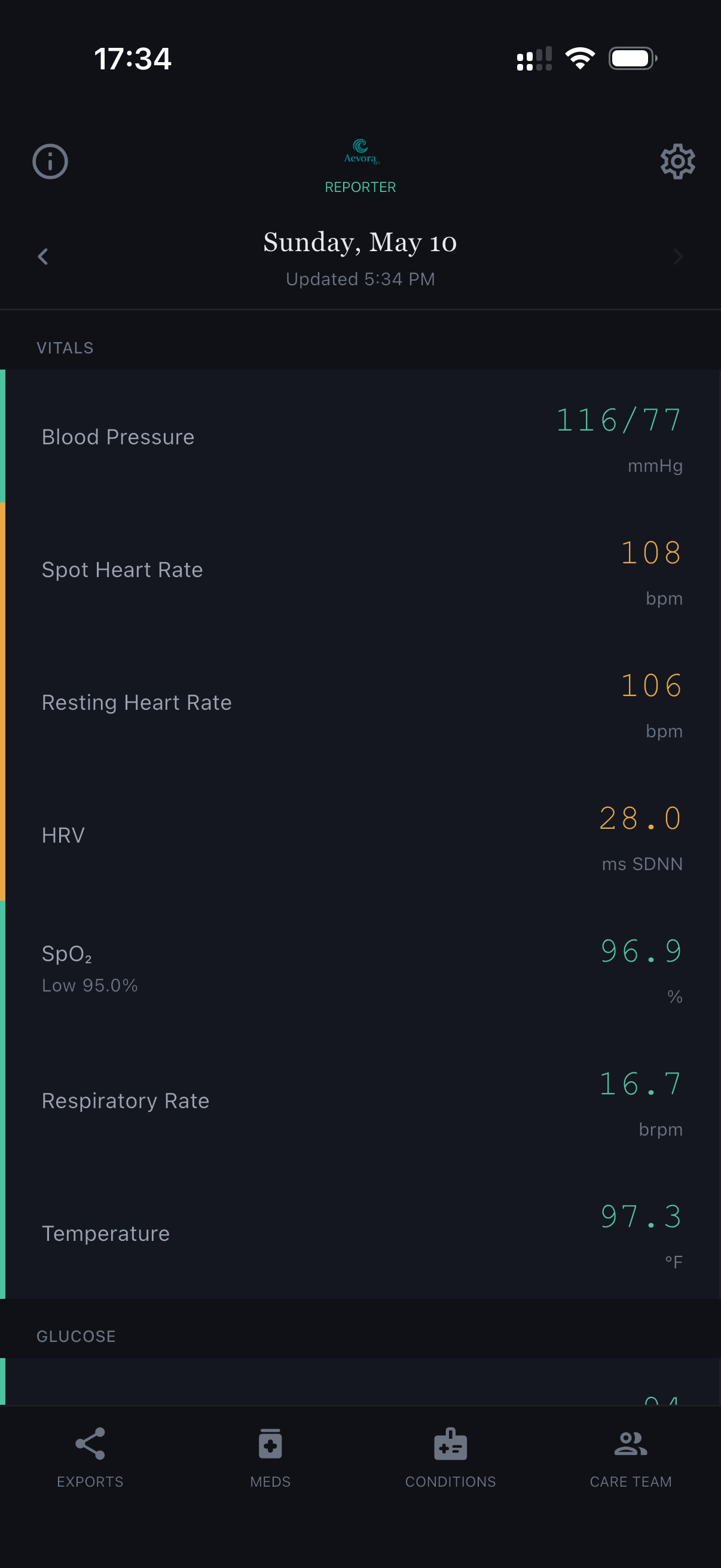 Today screen — daily vitals dashboard